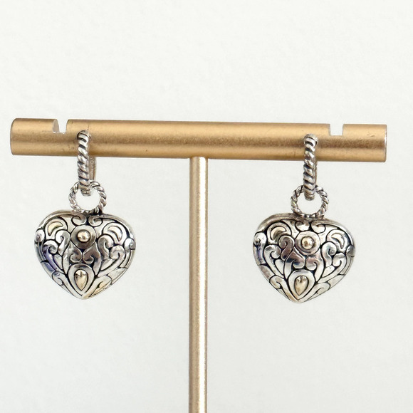 925 Sterling Silver & 14K Gold Puffy Heart Openwork Filigree Scroll Earrings - Picture 2 of 16